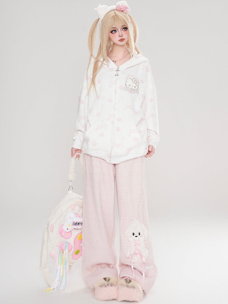 Schwarz/Rosa/Hellblauer Kapuzenpullover mit Kätzchen-Allover-Print