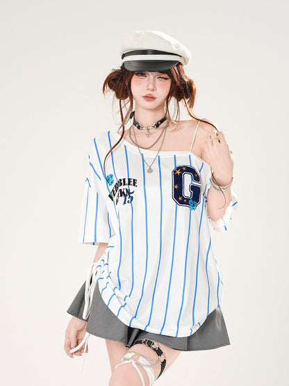 Asymmetrical Neckline Blokette Core White/Black Striped T-shirt