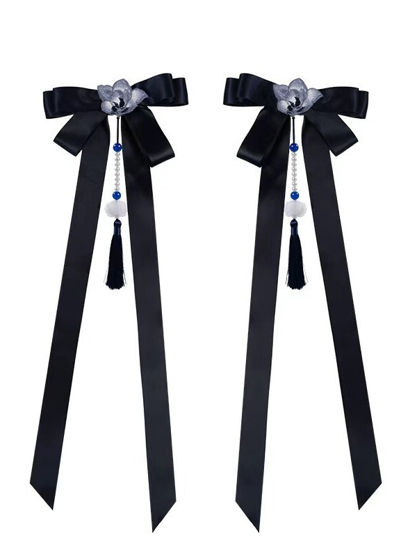 Navy Ribbon Tassel Bow Waist Ornament with Floral Detail - Yimu Walnut