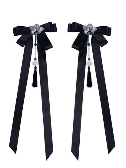 Navy Ribbon Tassel Bow Waist Ornament with Floral Detail - Yimu Walnut