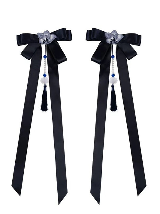 Navy Ribbon Tassel Bow Waist Ornament with Floral Detail - Yimu Walnut
