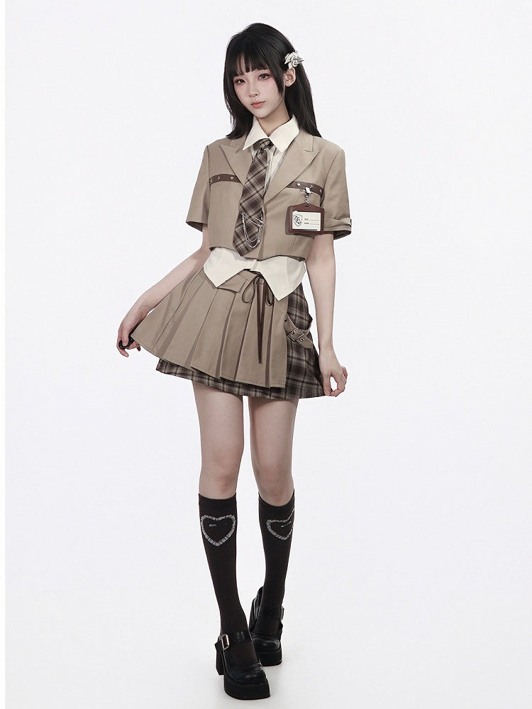 Khaki High Waist Asymmetric Pleated Skirt - PINK SAVIOR