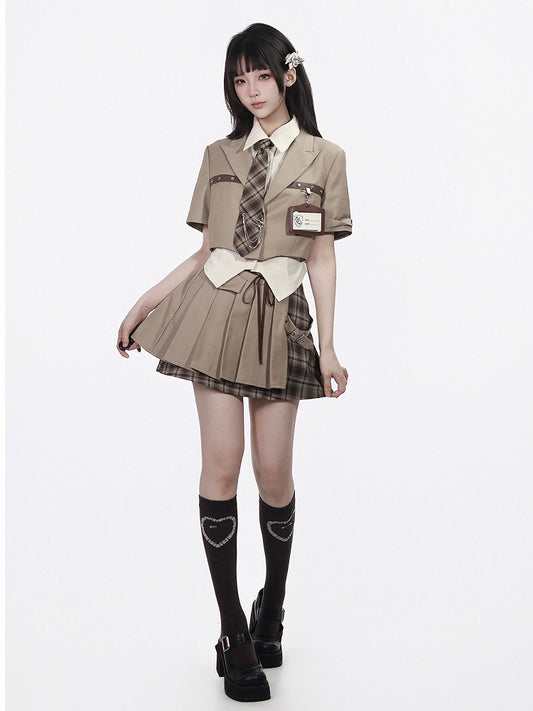 Khaki High Waist Asymmetric Pleated Skirt - PINK SAVIOR