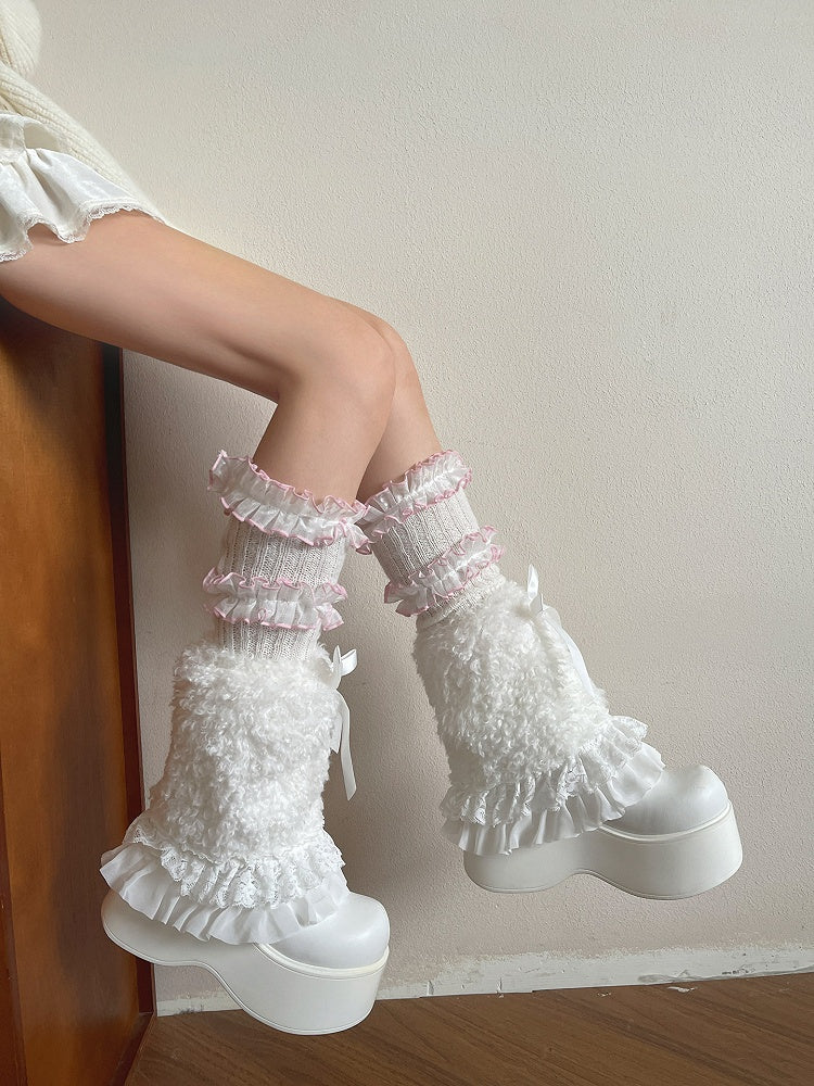 Trim with Leg Warmers Plush Lace Curly Bow White/Black Decoration