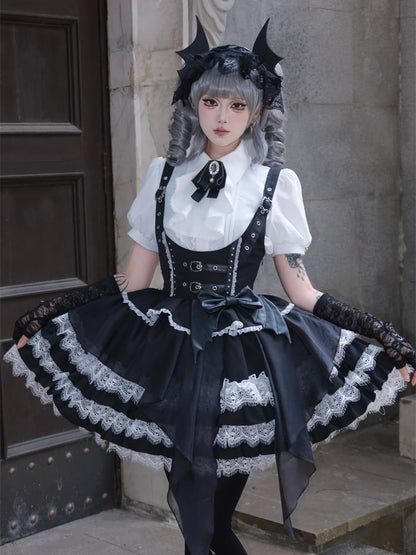 Weiße Lolita Gothic Bluse mit Jabot-Kragen und Puffärmeln und Schleife