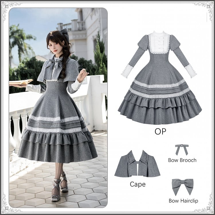 Elegant Lolita + Long Flounce Hairclip Bow Cape OP Short Version Gray Hem