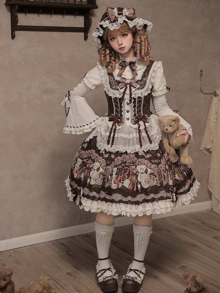 Vintage Brown Bear Symphony Theme Lolita JSK with Bow & Lace Accents - Twin Bear Original Design