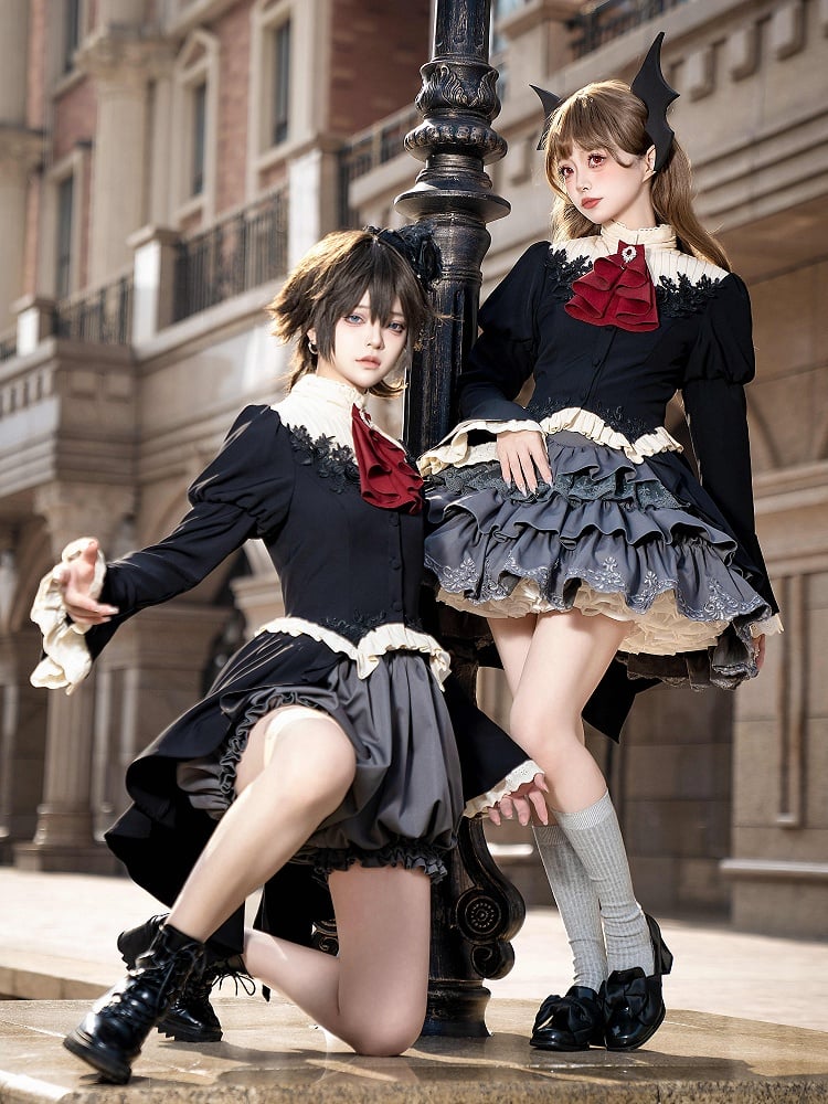 Gothic Lolita Full Set - Black Swallow Tail Long-Sleeve Top + Gray Tiered Skirt + Red Jabot Brooch