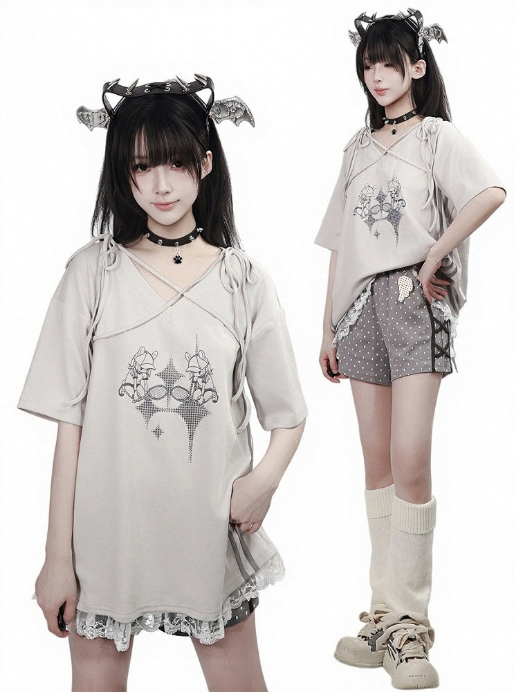 Summer Light Gray Cartoon Print V-Neck Top with Ties and Lace - PINK SAVIOR