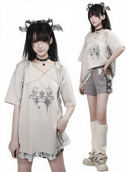 Summer Light Gray Cartoon Print V-Neck Top with Ties and Lace - PINK SAVIOR