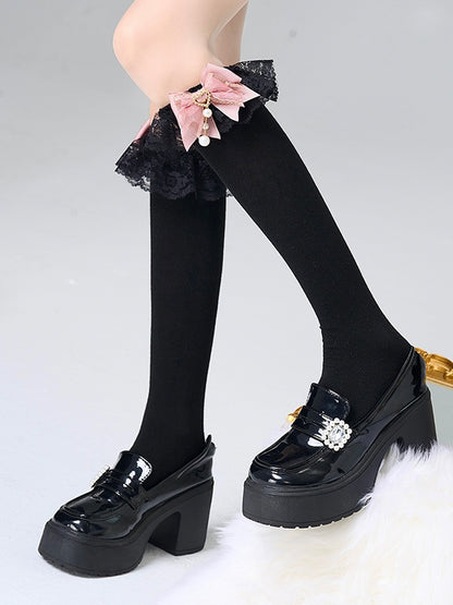 Jirai Colors Socks Lace 3 Bow Trim Calf Decoration Kei