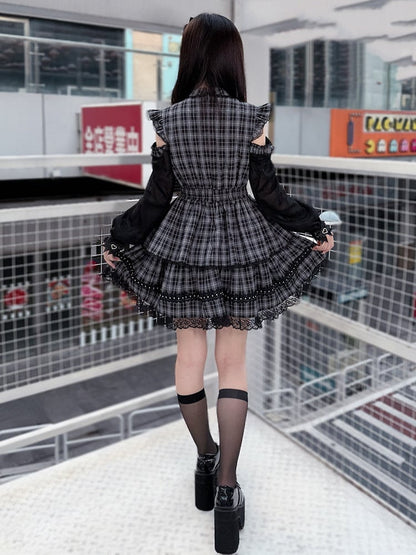 Plaid Cutout Shoulder Jirai Lace Trim Kei Chain with Bead Dress Bow and Black