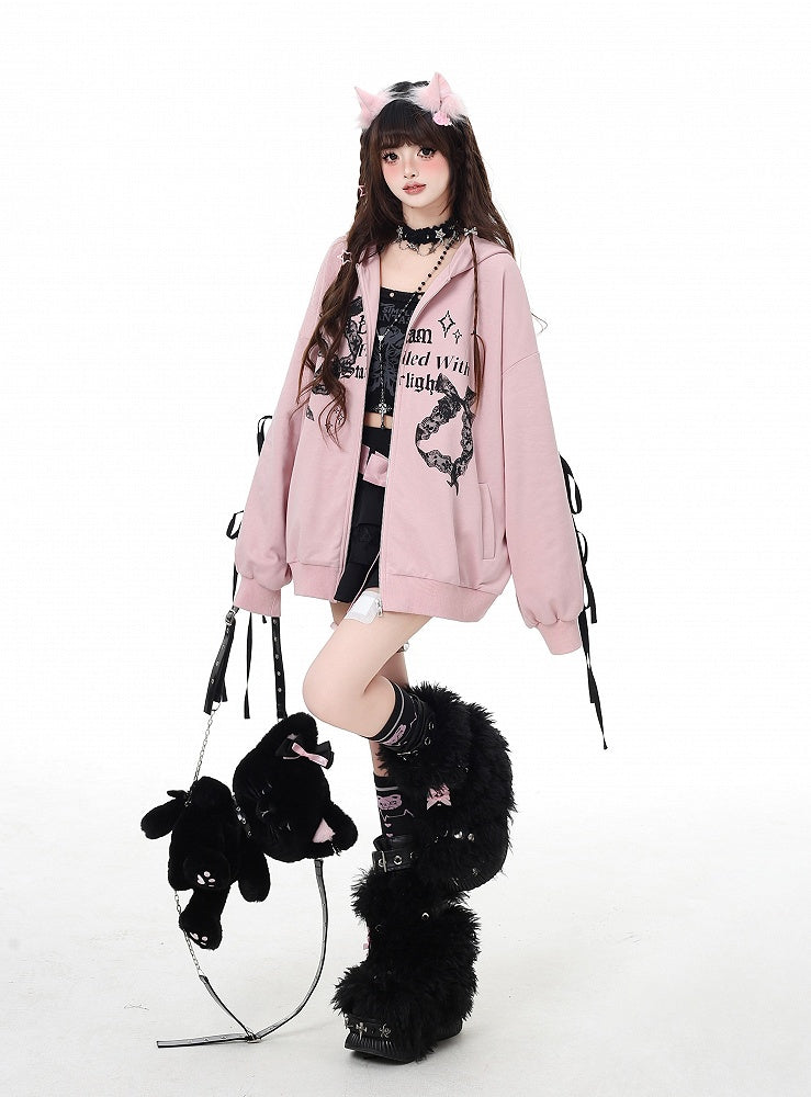 Pink Lace Embellished Zip Closure Graphic Hoodie 