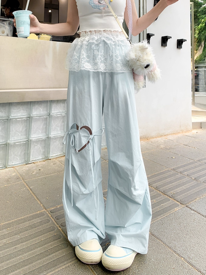 Blue/Pink Heart-shaped Cutout Wide-leg Pants Drawstring Waist