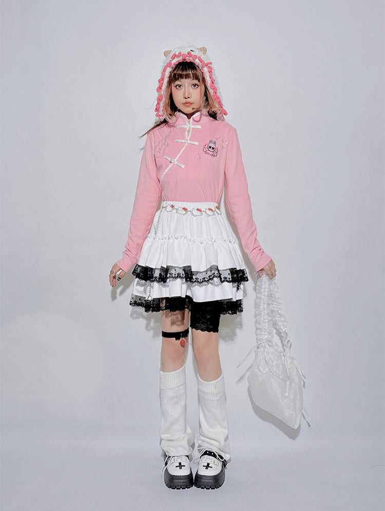 Pinkes Pastell-Punk-Skelett-Top in Gitarrenform mit Strasssteinen