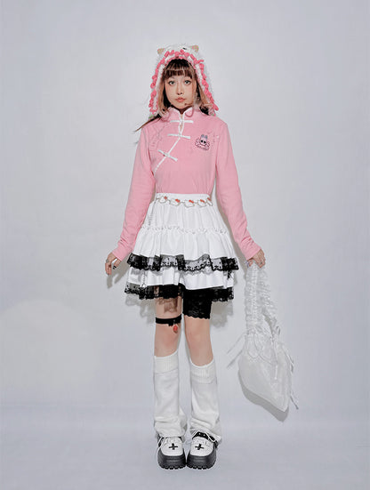 Pinkes Pastell-Punk-Skelett-Top in Gitarrenform mit Strasssteinen