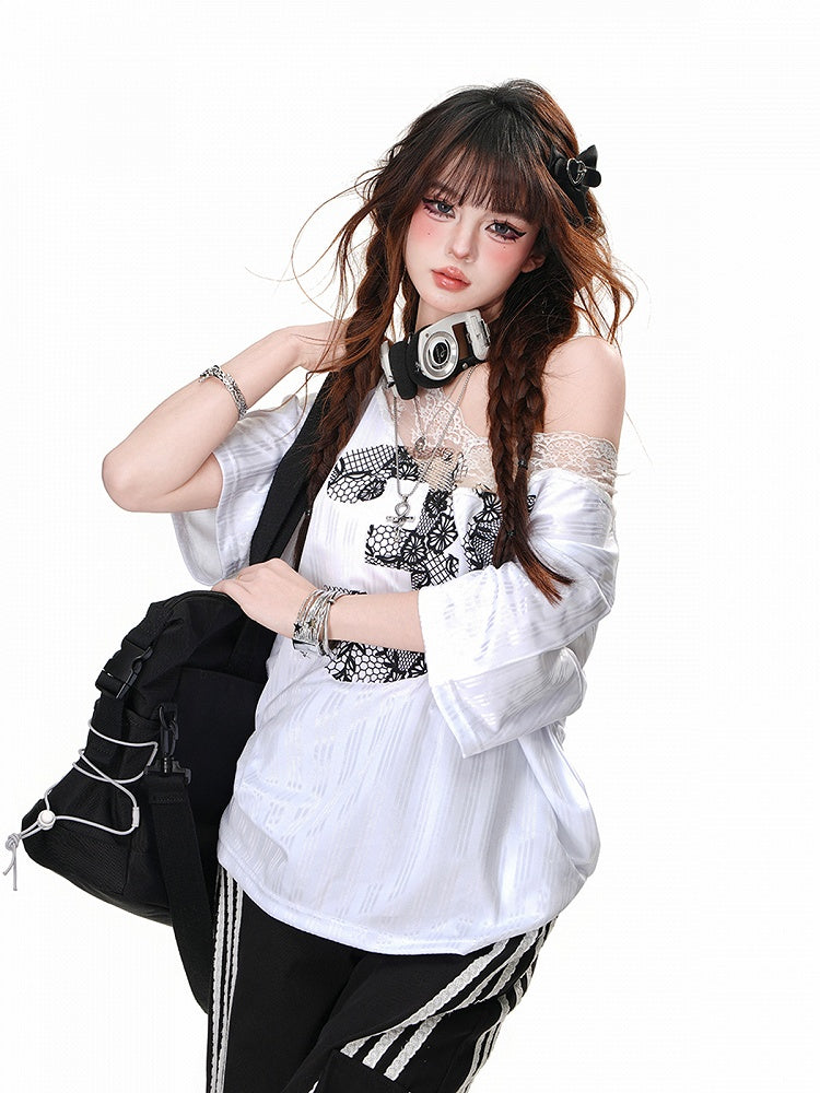 Black Lace Number Design White Asymmetrical Neckline Lace Patches Neckline Loose T-Shirt