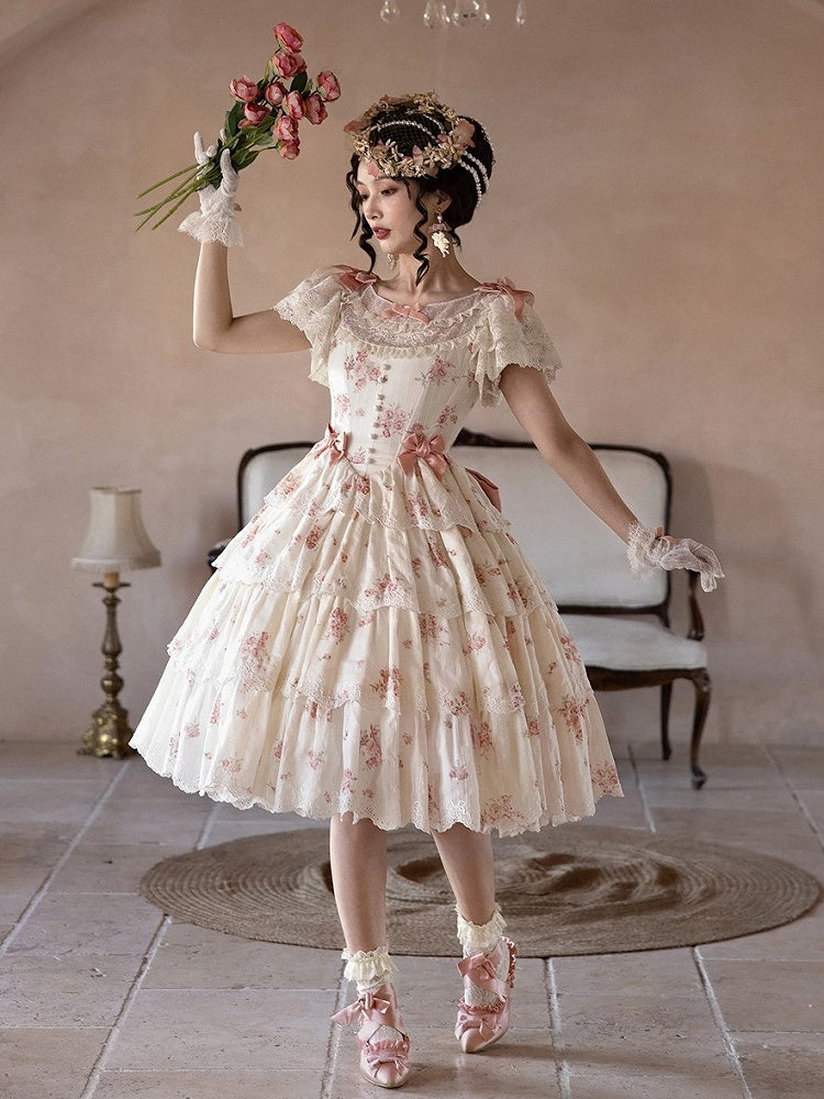 Classic Dresswith Elegant Floral PinkBeige Lolita Print Lace Tiered Bow Accents Ruffle