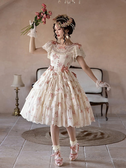 Classic Dresswith Elegant Floral PinkBeige Lolita Print Lace Tiered Bow Accents Ruffle