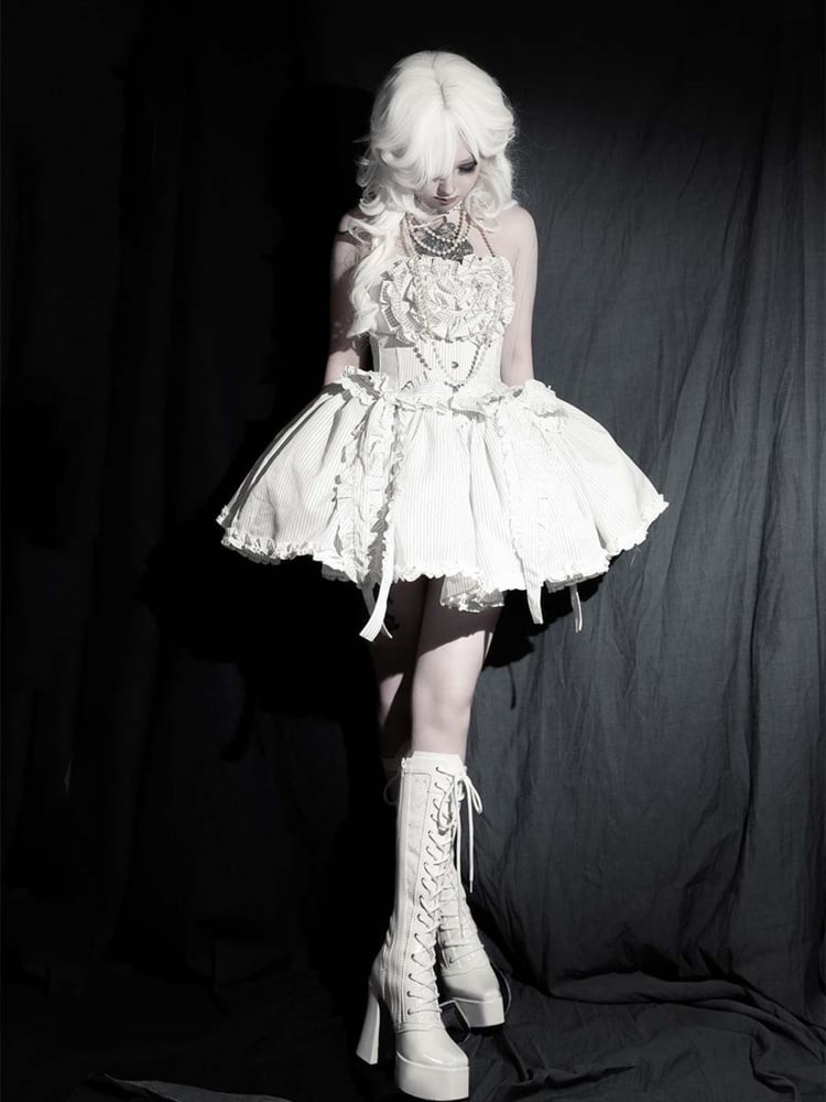 ゴシックホワイトフロントレースアップタイレースプラットフォームハイブロックヒールニーハイブーツ