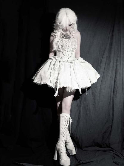 ゴシックホワイトフロントレースアップタイレースプラットフォームハイブロックヒールニーハイブーツ