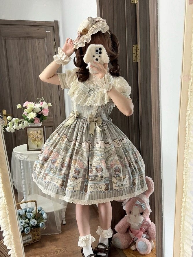 Dress with Sweet Accents Green Bow Bear Lace-Trimmed Lolita Printed