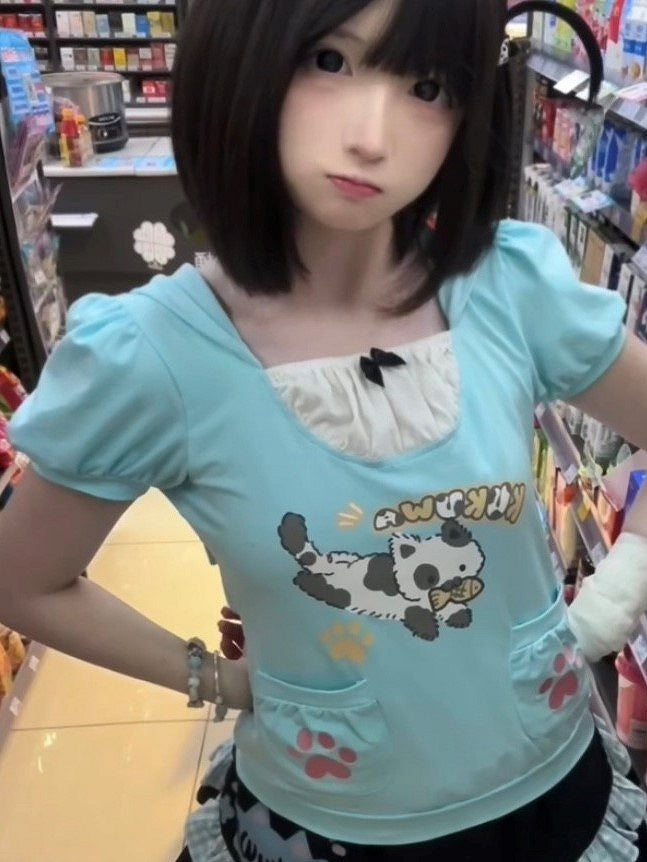 Two-piece with Hoodie Pocket Kawaii Design T-shirt Daily Blue Cat-ear Hood Details