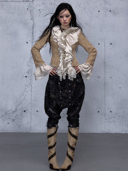 - Elastic Harem Cropped Partial Wasteland with Distressed Punk Waistband Design Jeans Black