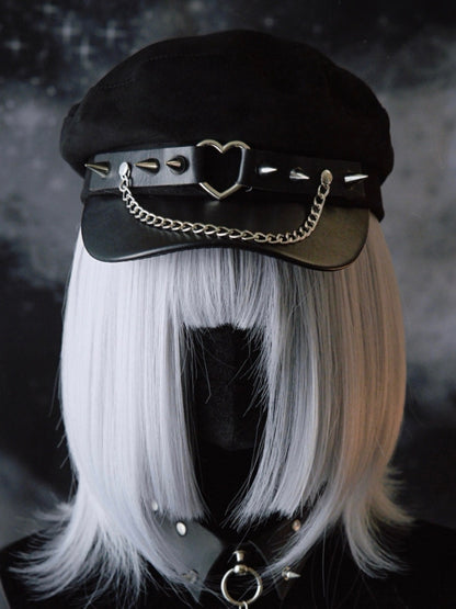Studs Gothic Ring Beret Black Details Hat Chain Heart Charm
