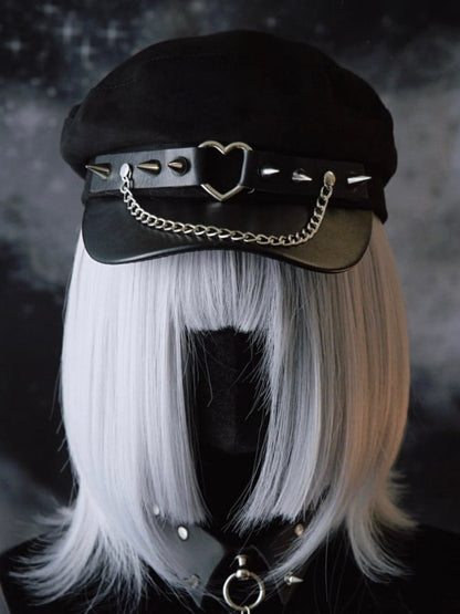 Heart Charm Ring Beret Details Hat Studs Black Gothic Chain