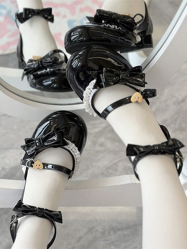 and with PU Sandals Black Lolita Accents Leather Sweet Bow Lace Low-Heel
