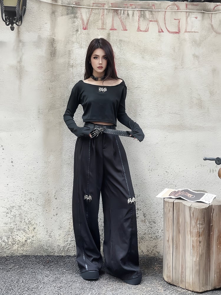 丈長めのフロア ブラック メタル ドラゴン ニー ワイドレッグ パンツ