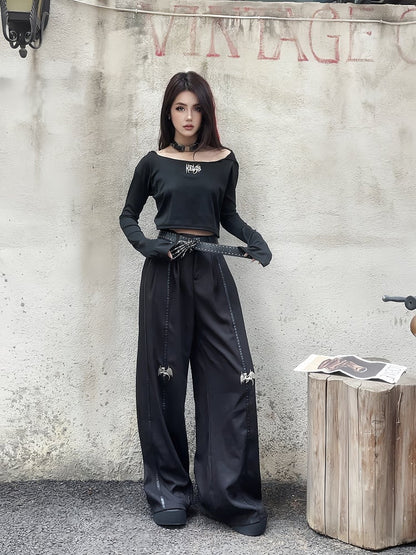 丈長めのフロア ブラック メタル ドラゴン ニー ワイドレッグ パンツ