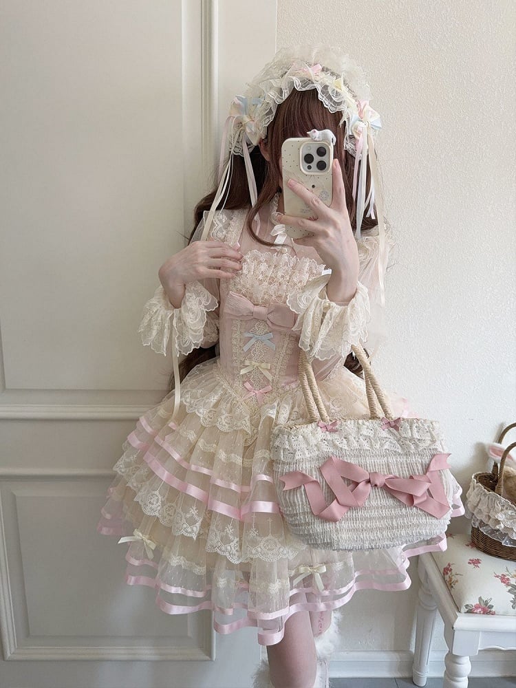 Korsett mit Prinzessinnen-Taille, rosa Tüll, mit großem Rückenrock, JSK, mehrlagige Schleife, Lolita