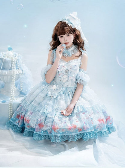 Robe salopette asymétrique imprimé poisson rouge - Mewroco