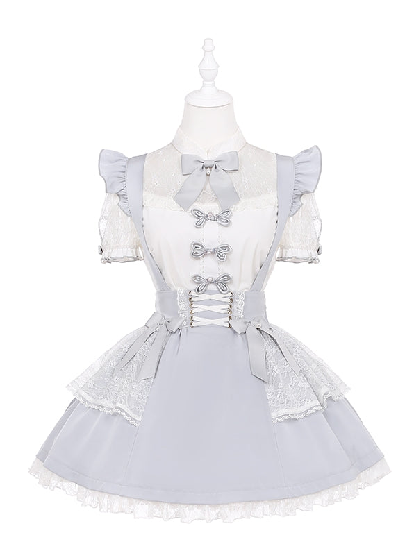 Ruffled Lace Trim Flutter Sleeves Kei Embellished Gray Bowknots Jirai Overalls