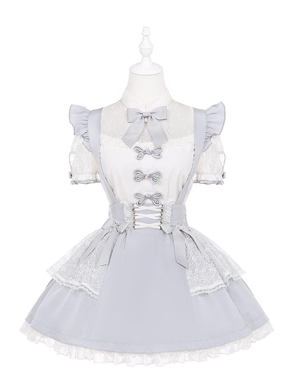 Ruffled Lace Trim Flutter Sleeves Kei Embellished Gray Bowknots Jirai Overalls