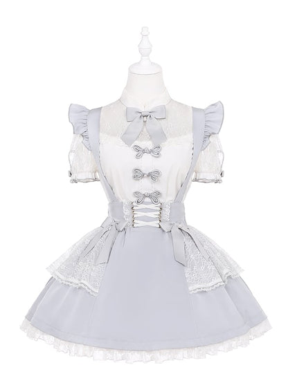 Illusion Details Weiß Grau Bowknot Jirai Kei Ausschnitt Bluse