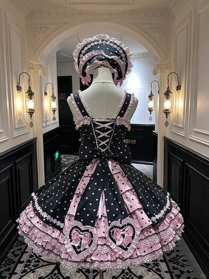 Heart Black with Bows and Lolita Dress Motifs Pink Lace-Trimmed Sweet