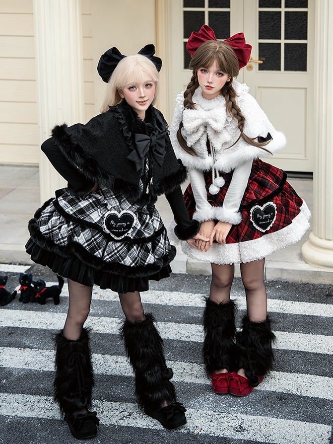 Cape Plaid Black Brooches Winter Lolita Warmers White Set - JSK Leg Reversible +