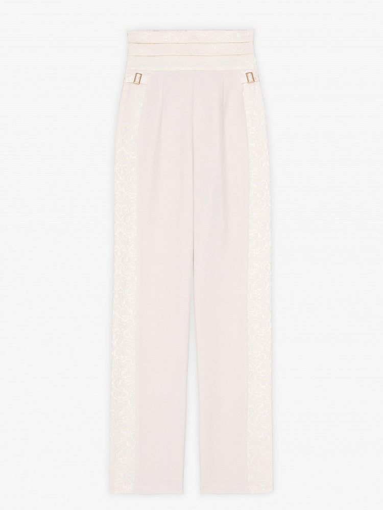 Ivory High-Waisted Pants with Jacquard Fabric Panels - DevilInspired Exclusive Collection