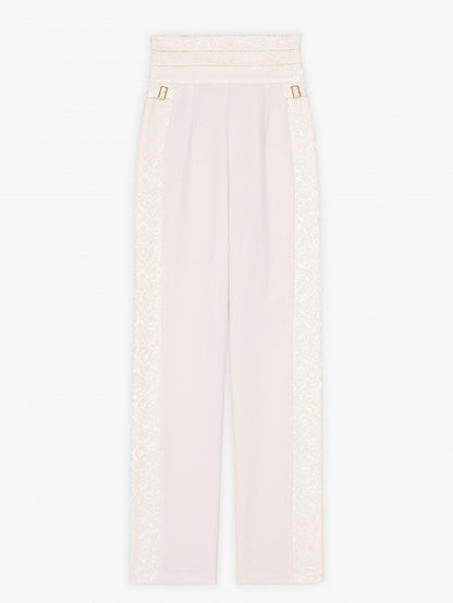 Ivory High-Waisted Pants with Jacquard Fabric Panels - DevilInspired Exclusive Collection