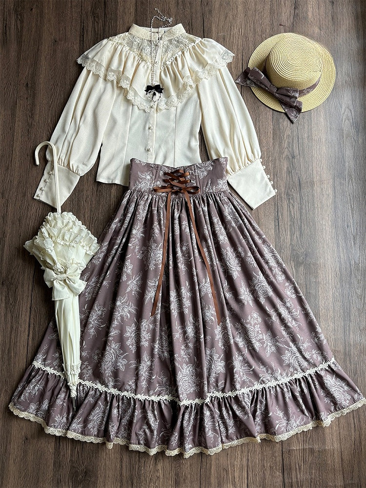 Brown & White Rosette Print Boned High Waist Elegant Classic Lolita Skirt with Lace Trim