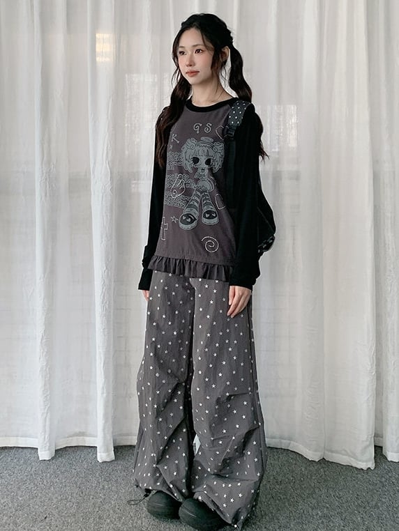 Girl Sleeve Cartoon Gray Pattern T-shirt Colorblock Long with Design