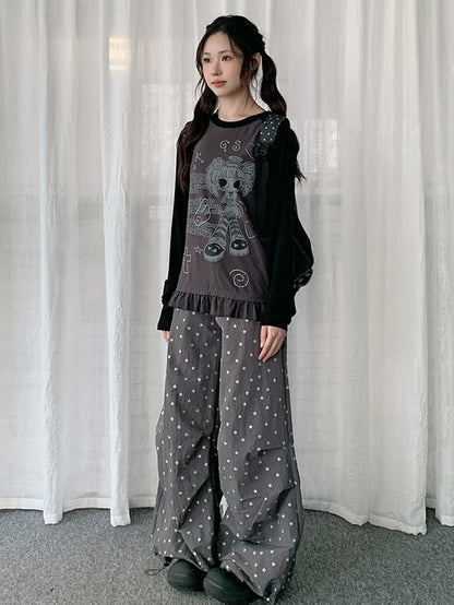 Girl Sleeve Cartoon Gray Pattern T-shirt Colorblock Long with Design