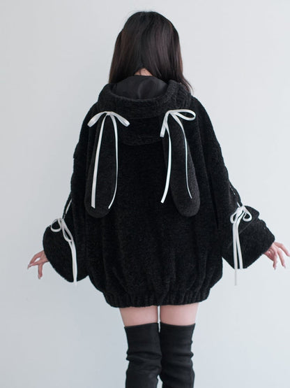 Hooded Black Fleece Ear Decor Buckle Leather Kei Bunny Coat Bow Jirai
