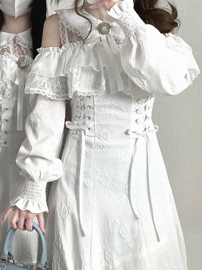 Dress Version Jirai Kei Cutout Shoulder Lace Long Bow Decor Long-Sleeve White Rhinestone