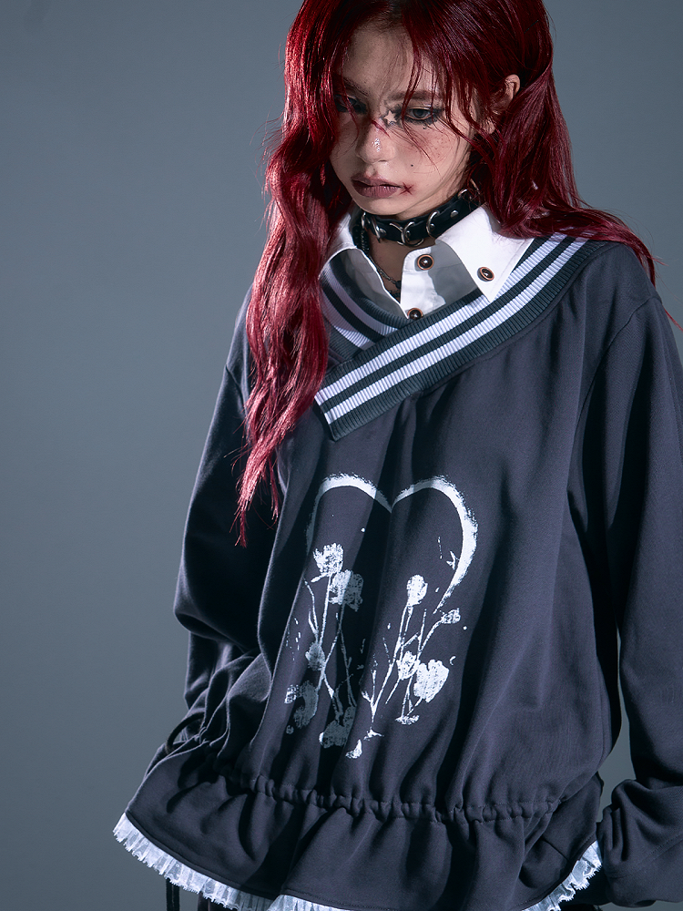 Top Two-Piece - Heart-shaped Waist Sleeve Faux Print Long Drawstring Gray