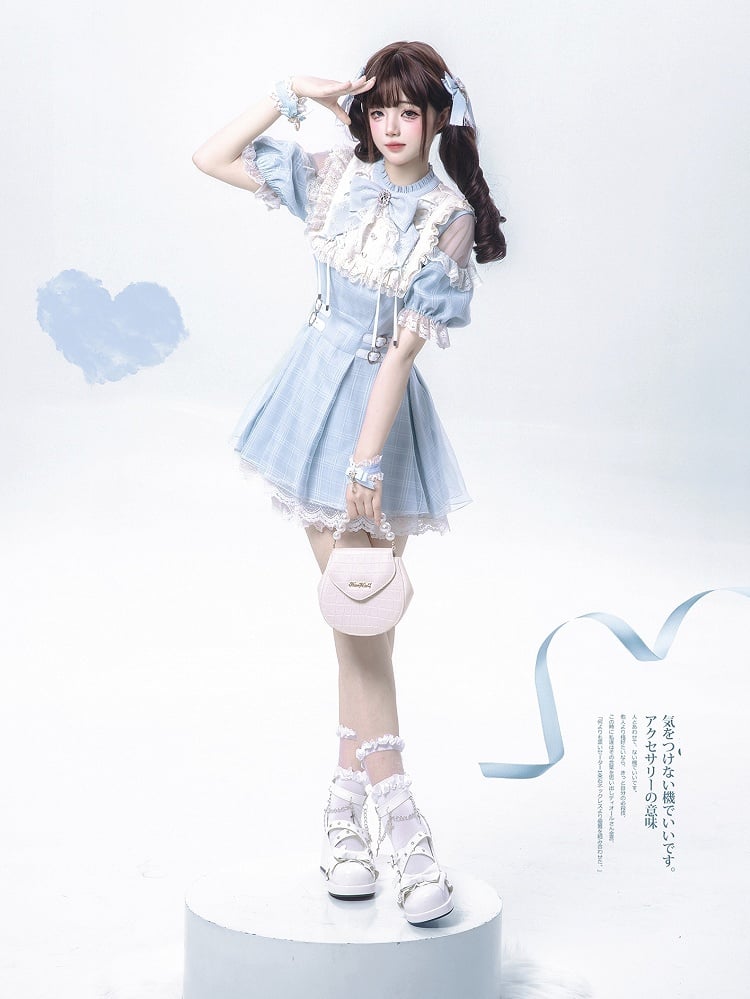 Blue Plaid and Neckline Lace-up with Cutout Kei Light Dress Jirai Shoulder