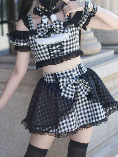 Off-the-shoulder Choker Bowknot+ Design Bunny Waist Plaid Idol High Neckline Skirt+ Set- Ears + Top Jirai Kei Black